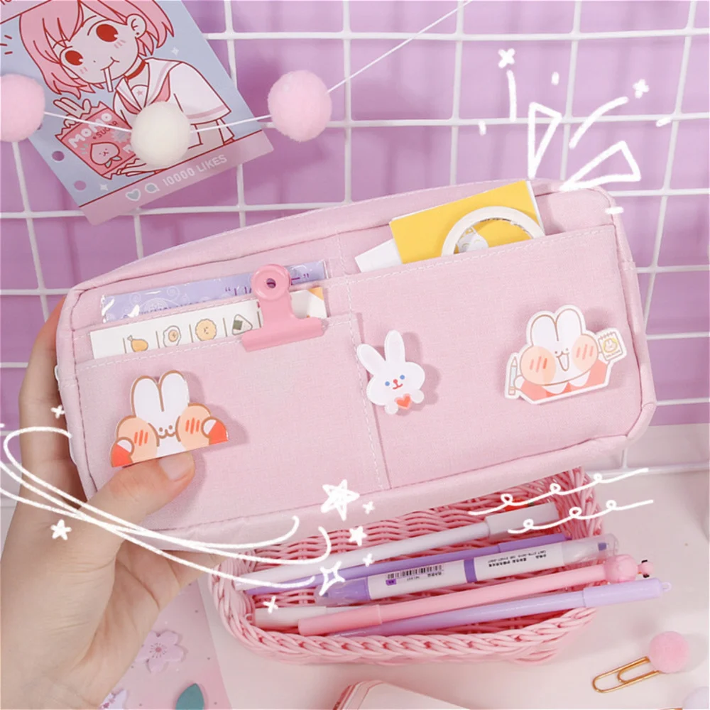

kawaii Large Pencil Case Stationery Storage Bags Canvas Cute Makeup School Supplies for Girl Kids Gift w/ Badge