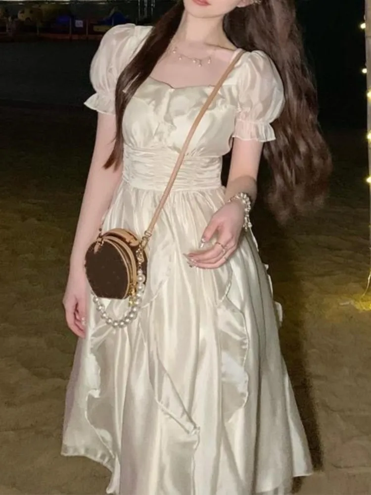 Элегантные однотонные платья феи с оборками корейская мода летнее тонкое платье