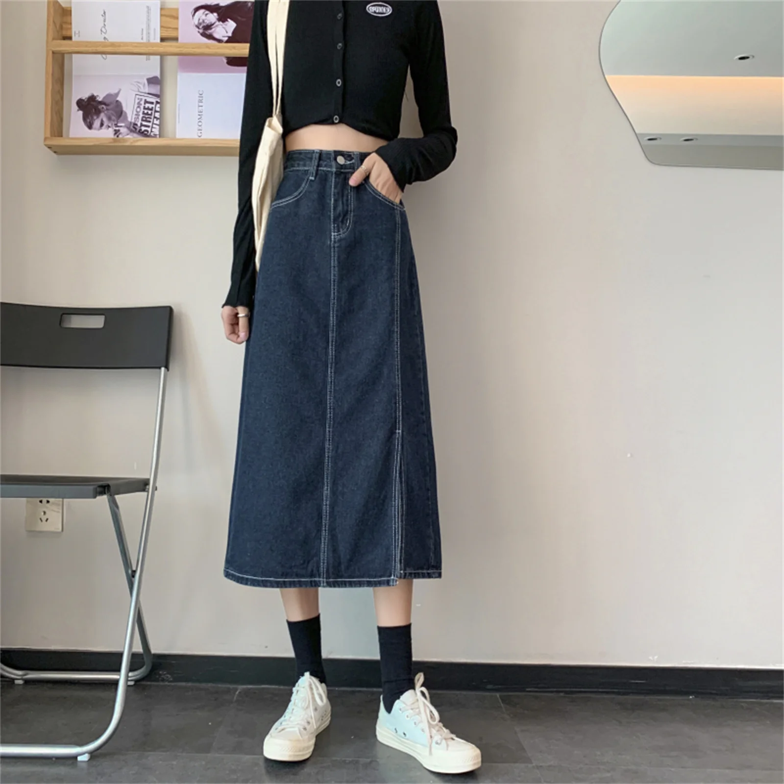 

Женская джинсовая юбка, универсальная юбка-трапеция средней длины с высокой талией и разрезом, в Корейском стиле, для студентов, весна-лето ...