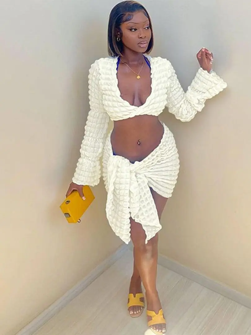 

Модный однотонный высокоэластичный слитный комплект из пузырчатой юбки с запахом, женская летняя сексуальная одежда Y2K для вечерние НКИ, кл...