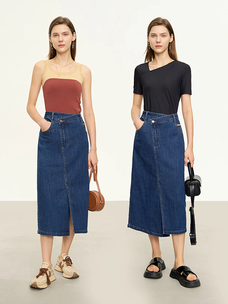

AMII Minimalist Split Denim Women Skirts 2023 Autumn Letter Embroidery Straight New Retro Irregular Mid-Length Skirt 12321075