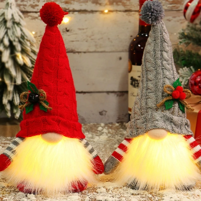 

2xIlluminated Holiday Decor Plush Knitted Figure Decorations with Long Beard Handmade Scandinavian Tomtes Ornament