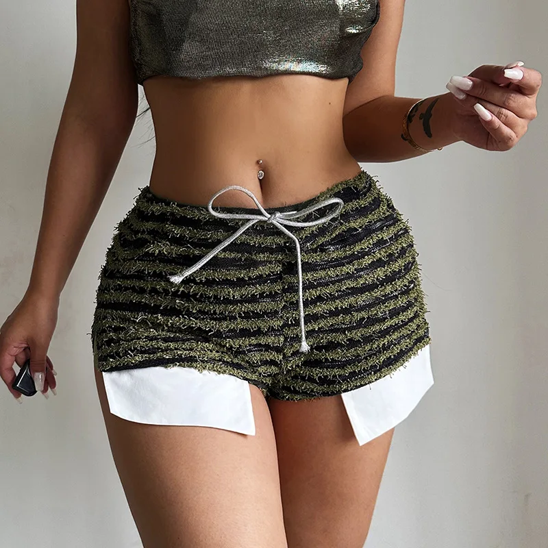 WAYOFLOVE Black White Striped Shorts Woman Knitted Drawstring Slit High Waist Shorts Streetwear Clothes Sexy Club Wear Hot Pants