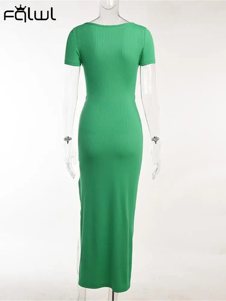 Летние платья макси из ребристой ткани для женщин FQLWL 2022 с вырезами на шнурках и разрезами, облегающее платье для вечеринок, черное/зеленое.