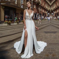 sexy backless spaghetti wedding dress lace applique side slit sweep train bridal gown for women custom made vestido de novia