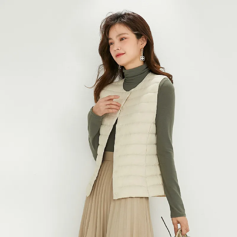 2021 тонкий женский 90 белый утиный пуховик с круглым вырезом и V-образным вырезом, легкий ленточный пуховик, жилет
