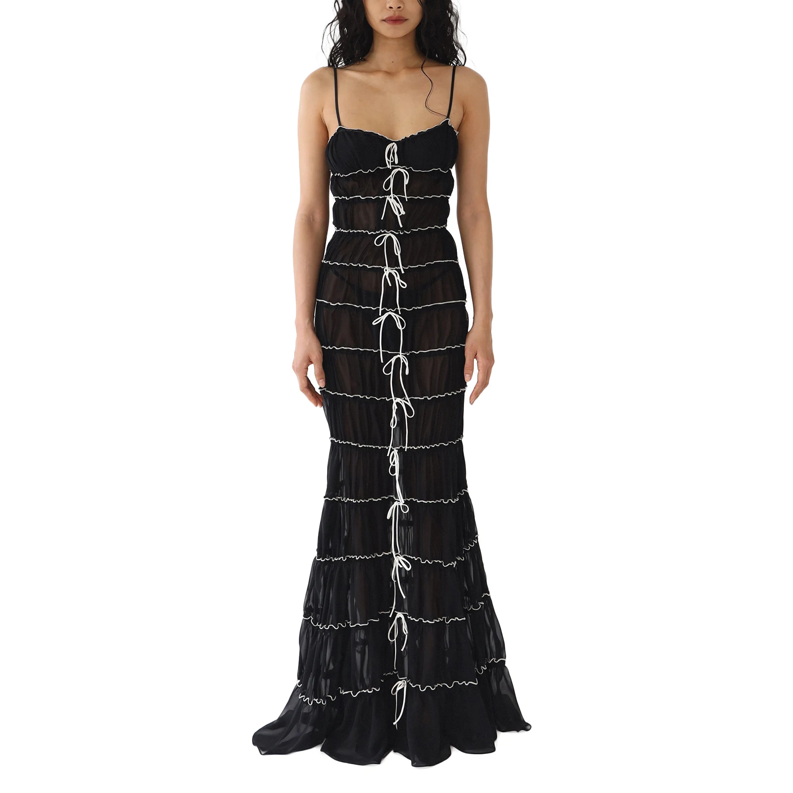 

Women Strappy Tiered Ruffle Long Dress Frill Midi Bodycon Dresses Ruched Backless Fitted See Through Dress for Evening Party