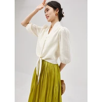 2022 new shuchan blusa feminina high street solid lantern sleeve linen v neck designer women tops blusa mujer blouse