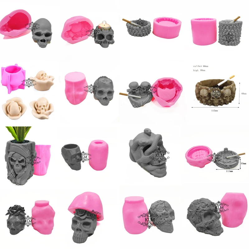 

Halloween all kinds of skull silicone molds 3D cement flower pots concrete ashtray ornaments decorative resin craft molds handma
