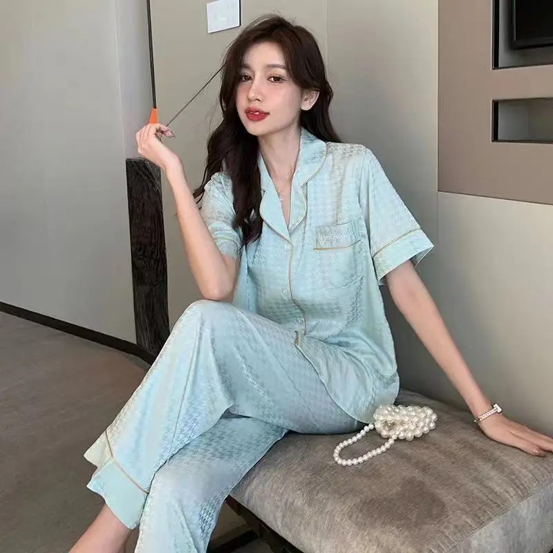 Ice silk pajamas, Ms. Summer new long-sleeved pants sexy women in the spring and autumn silk two-piece household to take
