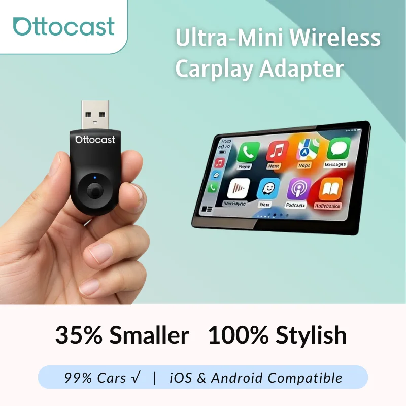 Фото Ottocast MINI беспроводной адаптер Carplay Android Auto 5 ГГц Wi-Fi быстрое подключение ключ переключателя одним щелчком мыши для автомобилей Toyota Audi Benz №1