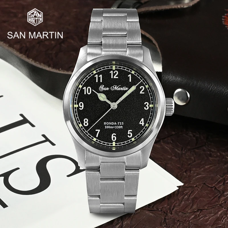 

Мужские Простые военные часы-пилот San Martin 37 мм Ronda 715, кварцевый черный циферблат с рисунком огня, браслет из нержавеющей стали, роскошный бре...
