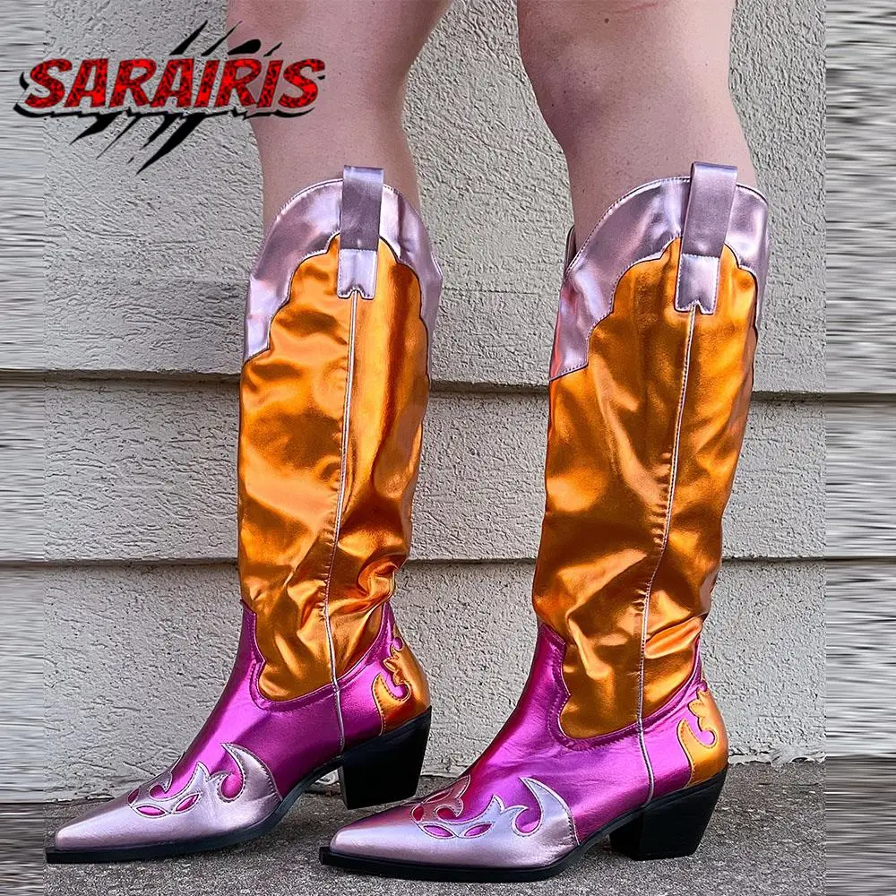 

Metallic Shine Women Western Boots Gold Slip On Chunky Heel Cowgirl Cowboy Designer Brand Fashion Rome 2023 Winter Shoes Woman