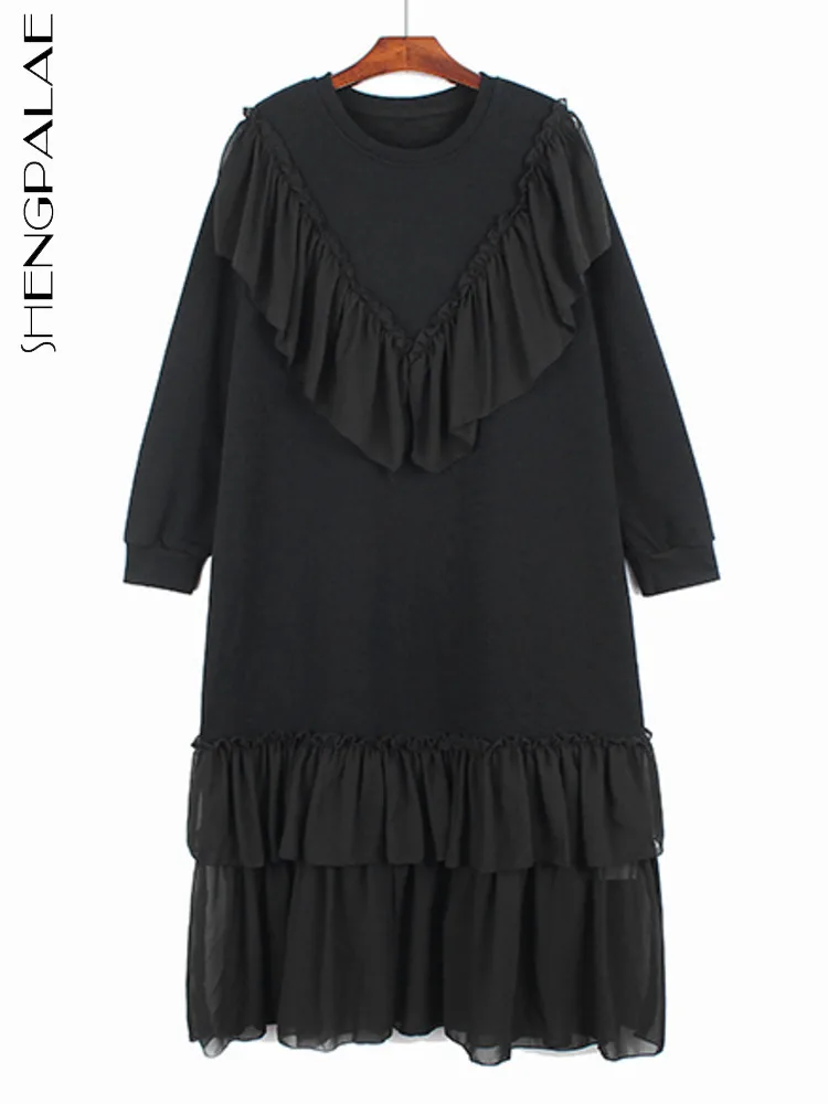 

SHENGPALAE Ruffle Dress Fashion 2022 Autumn Korean Women Full Sleeve Patchwork Pleated Hem Goddess Casual Style Loose Dress5W213