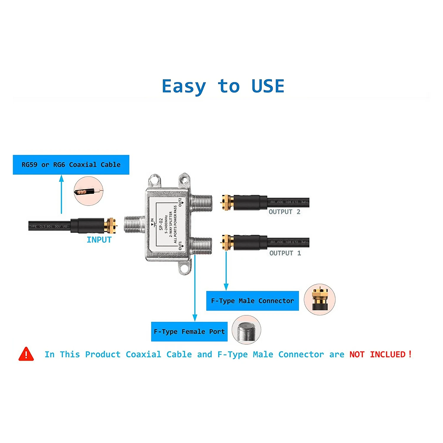 

Digital 2 Way Coaxial Cable Splitter 5-2400MHz, RG6 Compatible, Work with Analog/Digital TV Connections and Internet