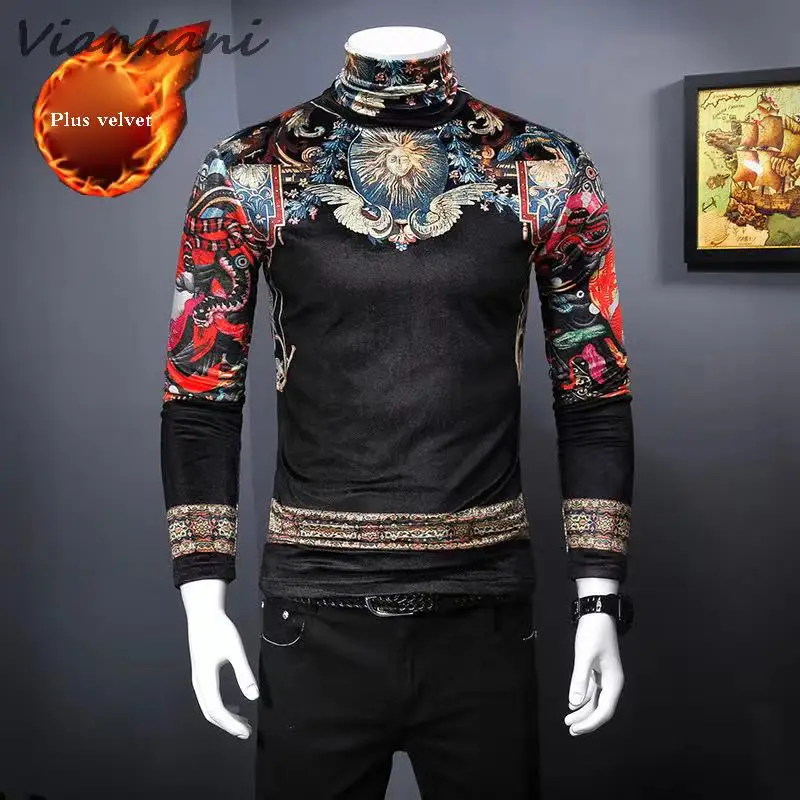 

Мужская блузка на осень и зиму, Новые облегающие рубашки с высоким воротником и модным принтом, бархатная утепленная футболка с длинным рук...