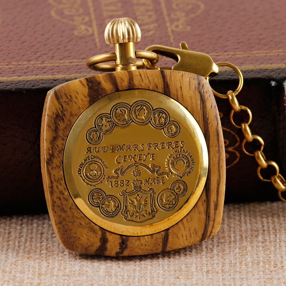 Personalized Creative Square Wood Pocket Watches Mechanical For Men Women Vintage Hand Wind Fob Watch 80cm Chain Art Collection