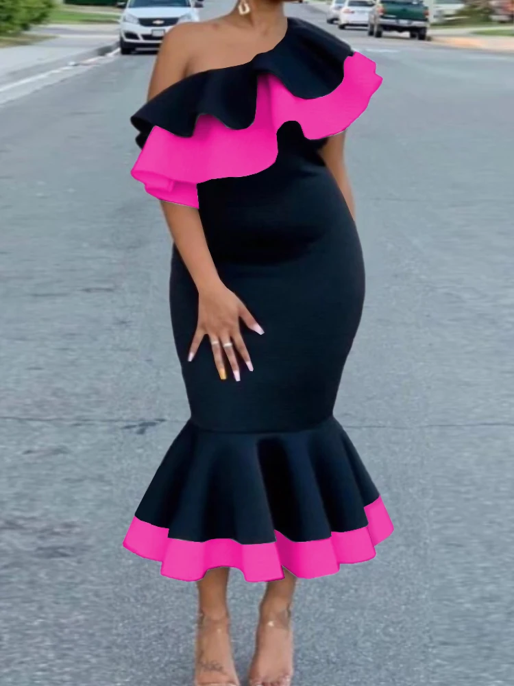 

Women's Bodycon Mermaid Dress Bare Shoulder Ruffles Black Contrast Color Midi Dresses Elegant African Party Birthday Event Gowns