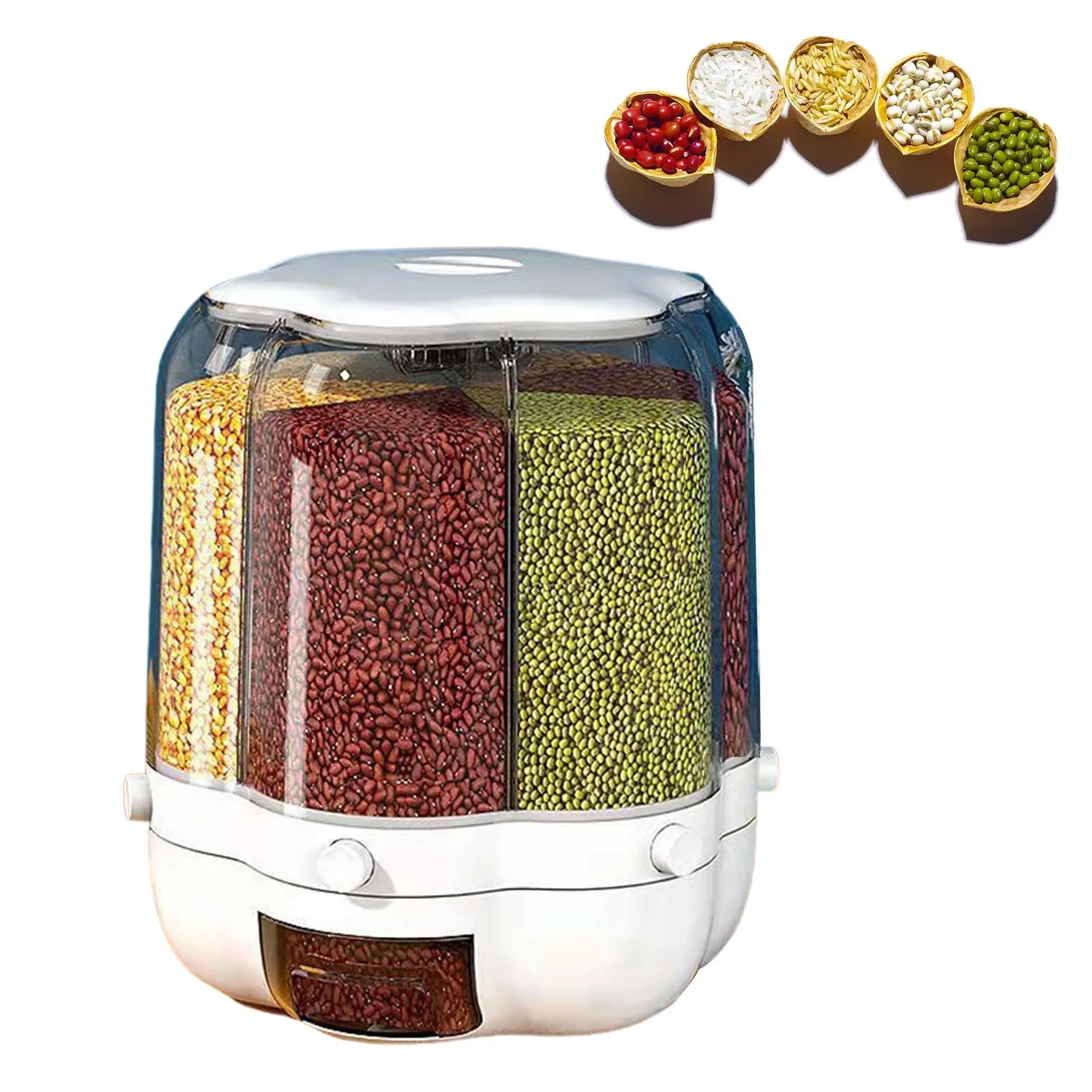 

6-Grid Rotating Grain Dispenser 33lbs Large Capacity Rice Storage Container Food Grain Storage Container Box For Grains Snacks