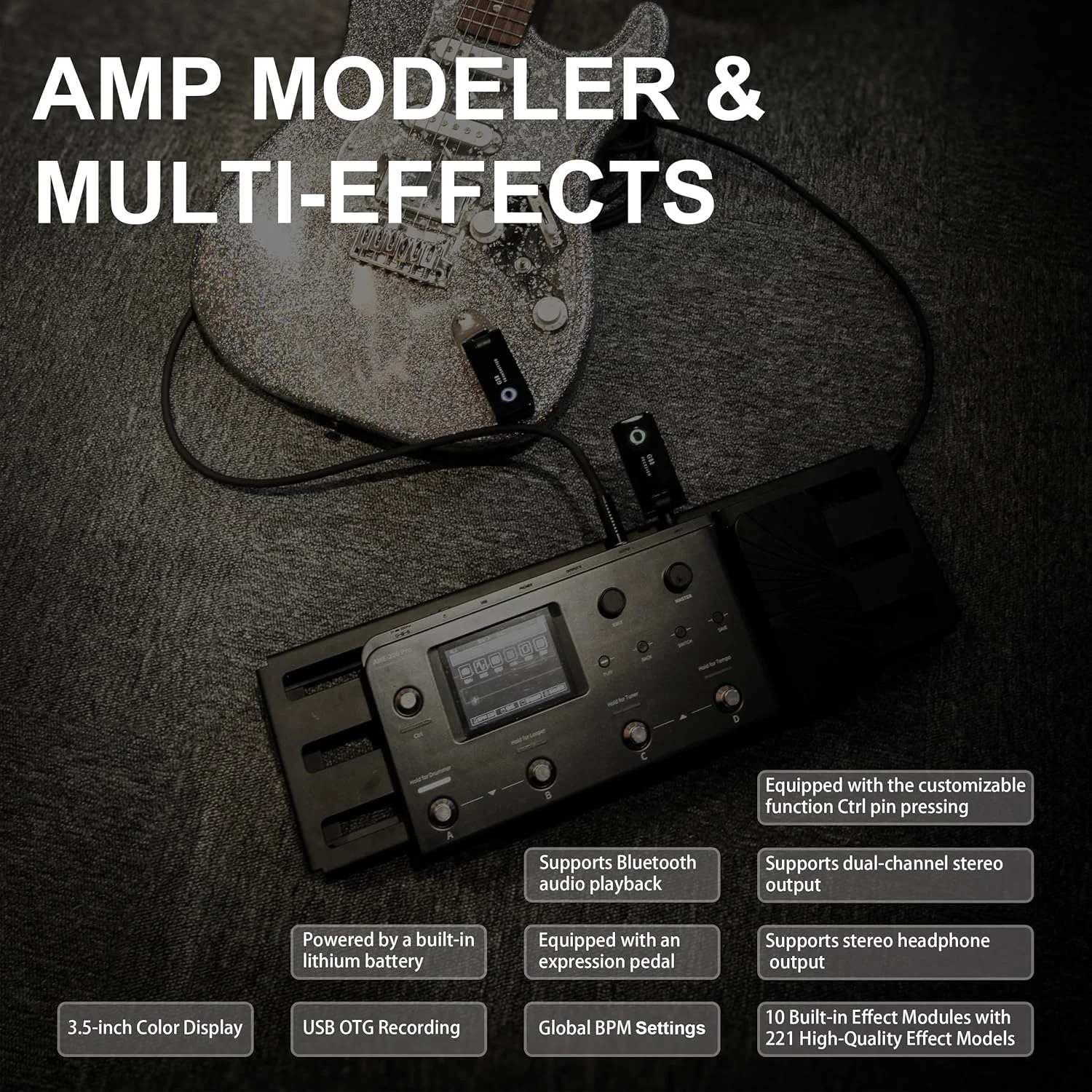 Фото Гитарная педаль мультиэффектов AUDOTA AME-200 Pro, 10 модулей, 200 пресетов, тюнер, 50 драм-паттернов, лупер, USB OTG, выход для наушников №2