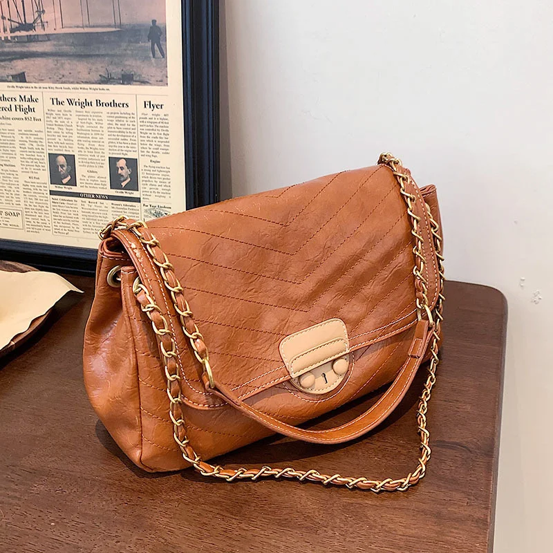 

PU Leather Womens Brand Bags 2023 Girls Bag Shopper Fashion Casual Chain Retro Large Capacity Quilted Bag Crossbody Bags