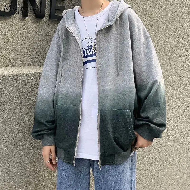 

Jackets Men Hooded Gradient Simple Pockets Autumn Long-sleeve Fashion Zipper Casual Loose Teens Male Clothing Chic куртки Soft