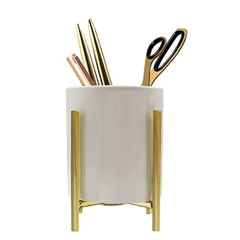 Cup Sturdy Pencil Holder Metal Frame With White Ceramic Desk Organizer Kitchen Appliance Holders Office Accessories