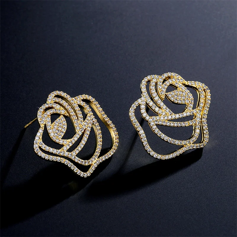 

RAKOL Winter New Exquisite Cubic Zirconia Big Rose Flower Stud Earrings for Women Fashion Party Jewelry Christmas Gift