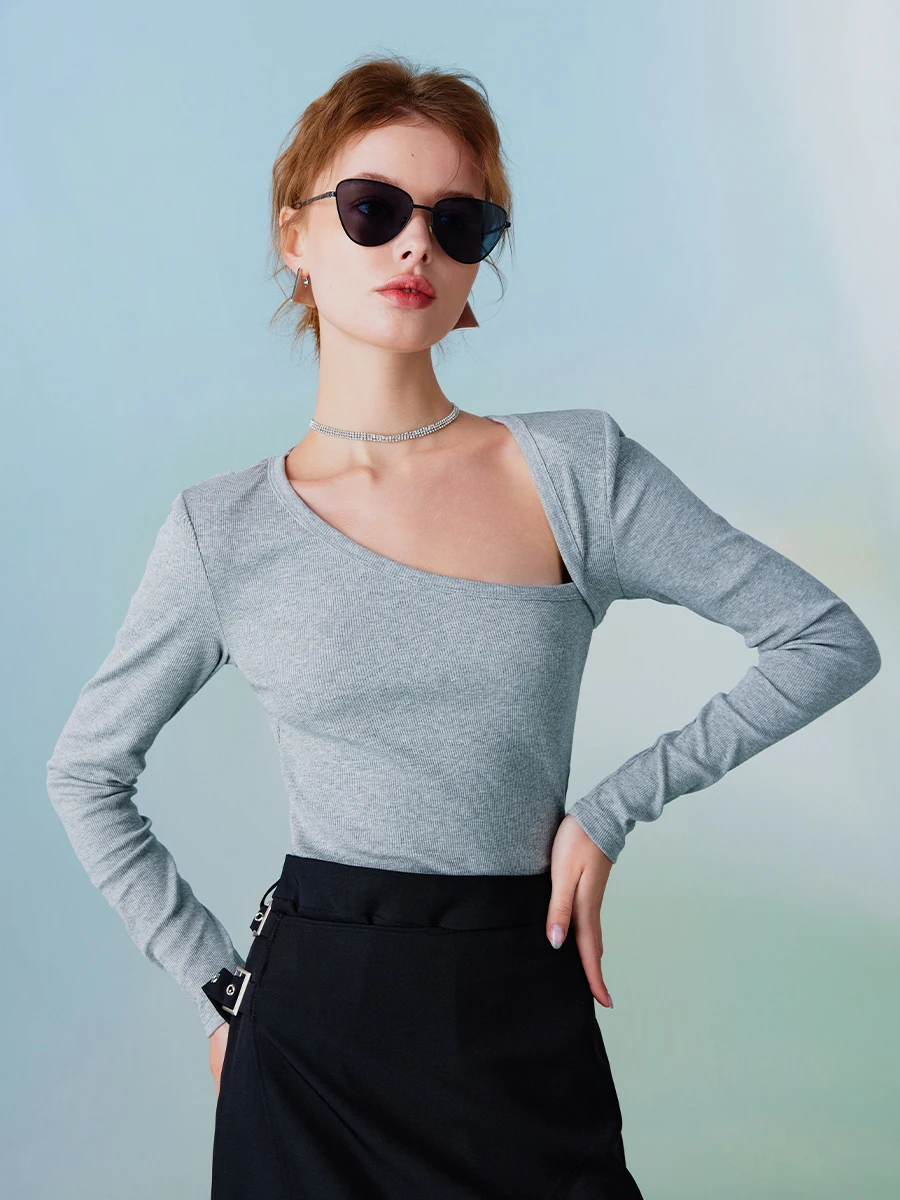 Ажурная футболка Aozhi с косым воротником и длинным рукавом в стиле кантри Женская