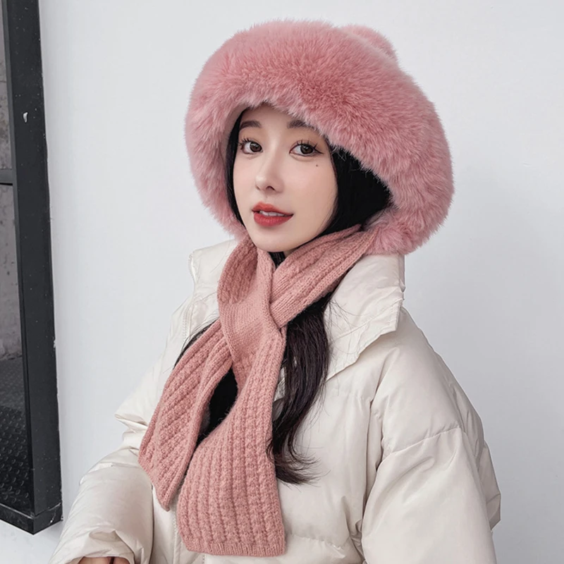 Female Winter Warm Soft Plush Faux Fur Hooded Cap Set High Quality Hat Scarves Scarf  A Nice Gift For Woman Girl