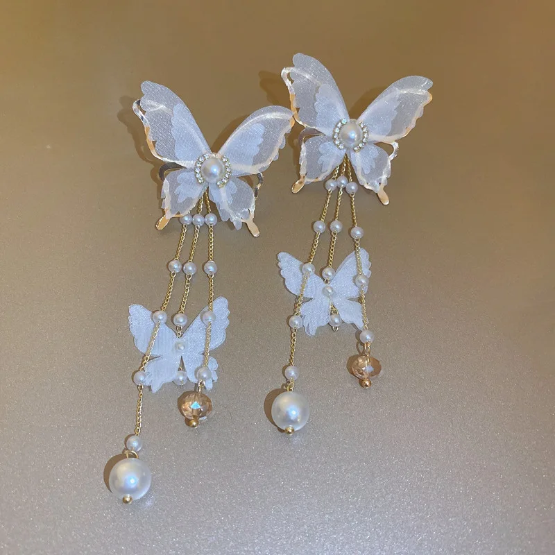 

European and American Women Lace Rhinestone Pearl Butterfly Earrings Exaggerated Long Fringe Earrings