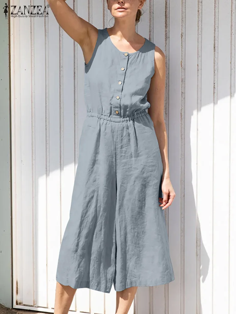 

ZANZEA Fashion Summer Jumpsuits Women Sleeveless Wide Leg Rompers Casual Loose Beach Overalls Female Solid Playsuits Oversize