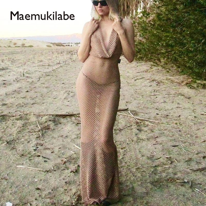 

Maemukilabe Beach Style Fishnet Maxi Dress with Hooded Women Sexy See Through Backless Long Dress Summer Bikini Cover-ups