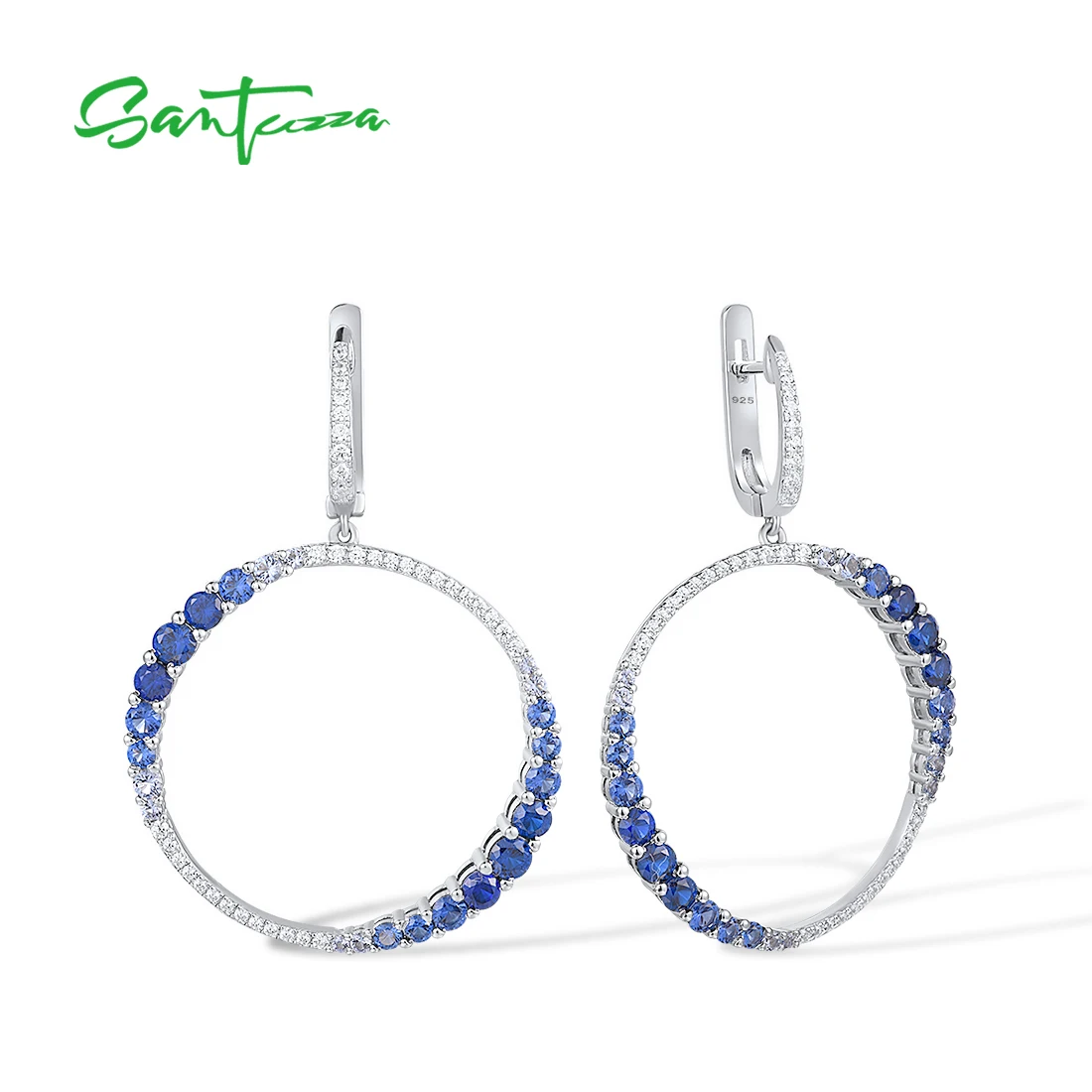 

SANTUZZA Authentic 925 Sterling Silver Drop Earrings For Women Sparkling Blue Nano CZ/Spinel Round Fine Fashion Party Jewelry