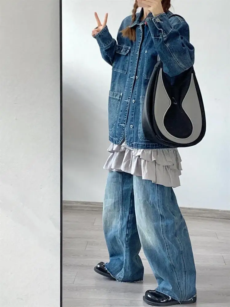 Retro Washed Casual Denim coat Women's Spring and Autumn 2024 New Japan fashion Men's Cargo Denim Clothing Jacket