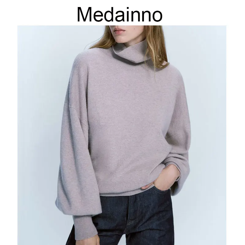 

Medainno New 2022 Autumn Winter Women Fashion Knitted Sweater Bat Sleeve Turtleneck Solid Simple Casual Tops Pullover Female