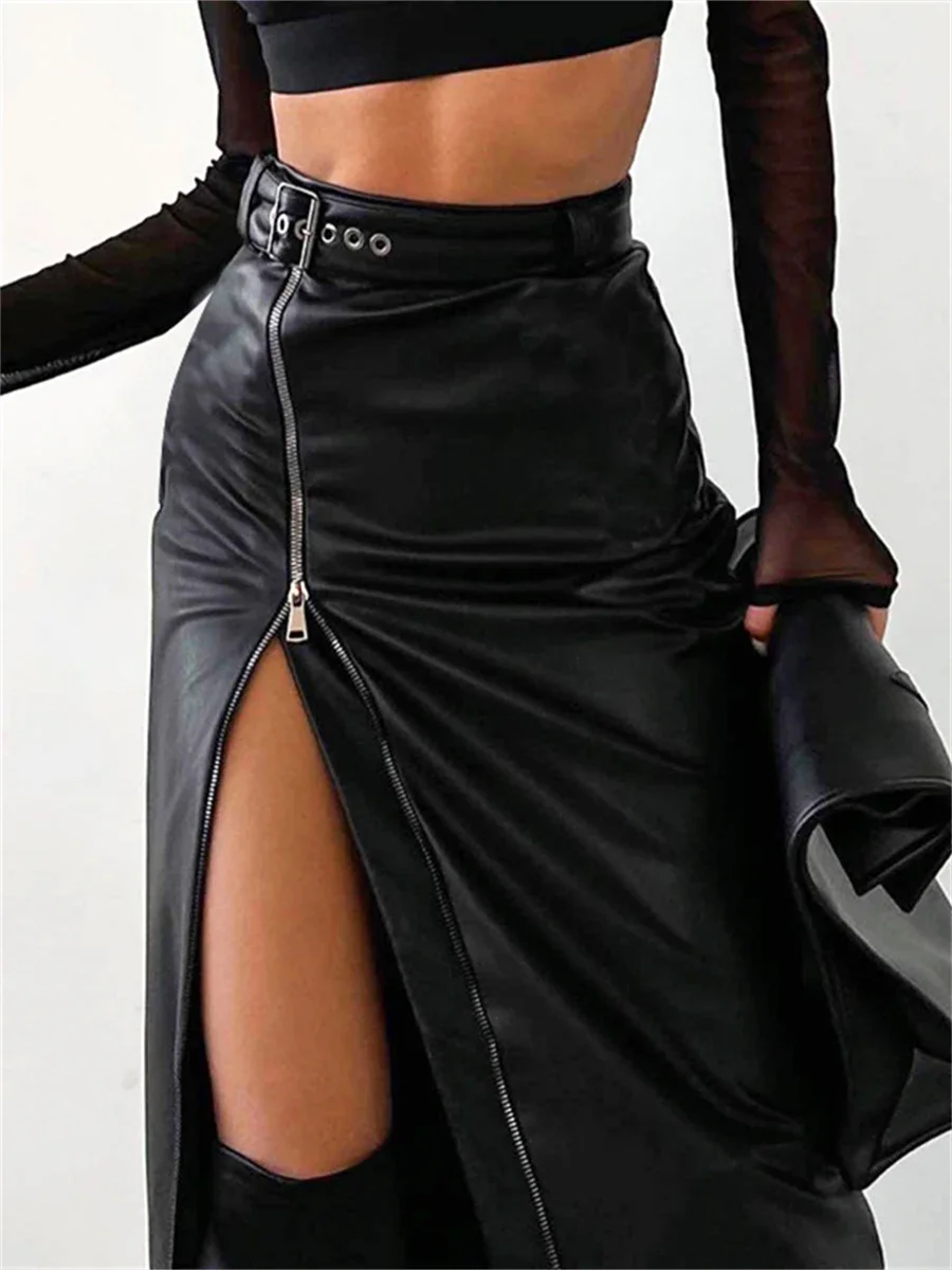 

Black PU Leather High Waist Pencil Skirts Vintage Women Streetwear Zipper High Split Midi Skirt with Belt