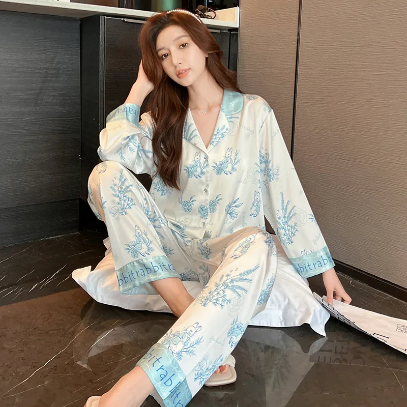 New style pajamas women's retro sweet homewear suit silk pajamas for women  잠옷 여름  pigiami donna