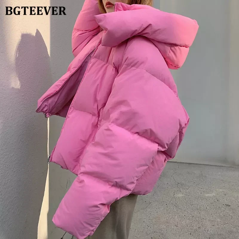 

BGTEEVER Chic Hooded Cotton Padded Women Parkas 2021 Winter Warm Loose Solid Thicken Female Coats Ladies Zippers Outwear