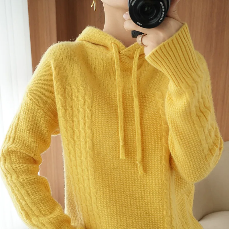 New Autumn And Winter Solid Color Wool Hoodies Women's Loose Fashion Long Sleeve Sweater Slim Joker Thickened Knitted Sweater