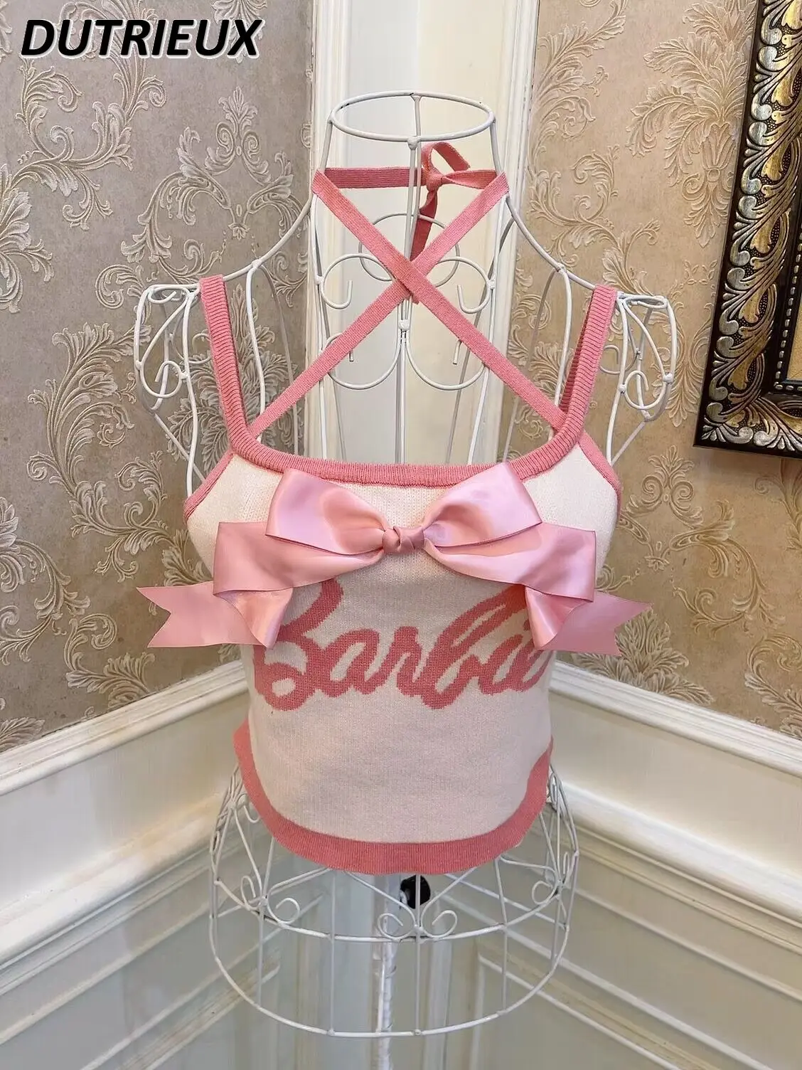 

Sweet Princess Bow Letters Outer Wear Crop Tops Spring and Summer Knitted Slim Fit Stretch Halterneck Vest Top Short Sling