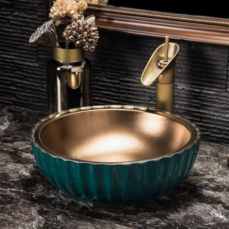 Light Luxury Table Basin Wash Basin Green Gold High-grade Gold Ceramic Wash Basin Toilet Household Single Basin