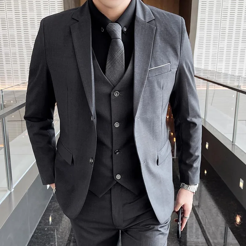 

5XL ( Blazers + Vest + Pants ) Men 3 Pcs Slim Casual Suit Set Male Wedding Groom Dress Business Blazers Coat Trousers Waistcoat