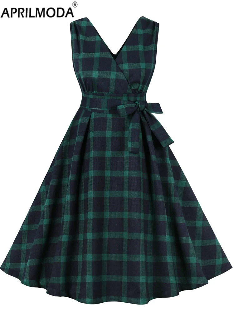 50s Стильное зеленое клетчатое женское винтажное платье без рукавов с высокой талией Хепберн домохозяйка чай расклешенное платье Pinup летний английский Сарафан