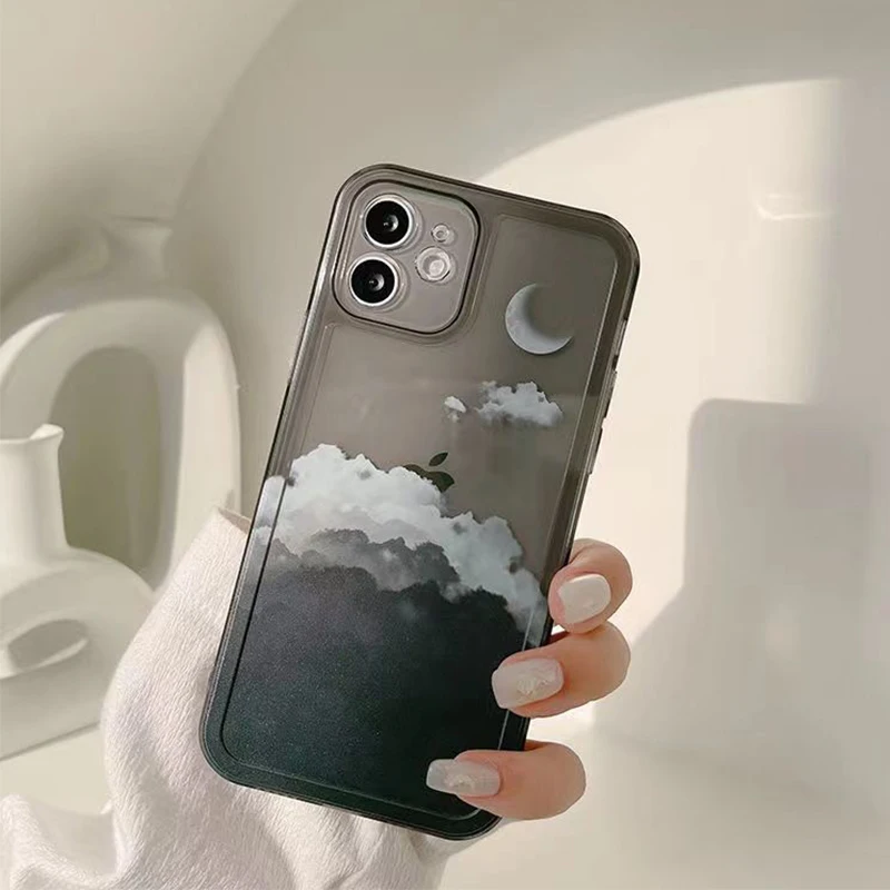 

Phone Case for iPhone 13 11 12 7 8 se 2020 mini pro X XS XR MAX Plus Retro cloud Moon night Late mountain cover Transparent
