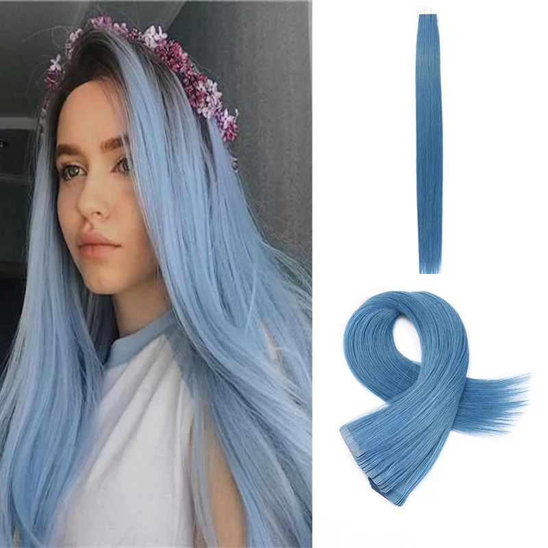 Sky Blue Color Tape In Human Hair Extensions Skin Weft Hair Extensions Adhesive Invisible Silky Straight High Quality