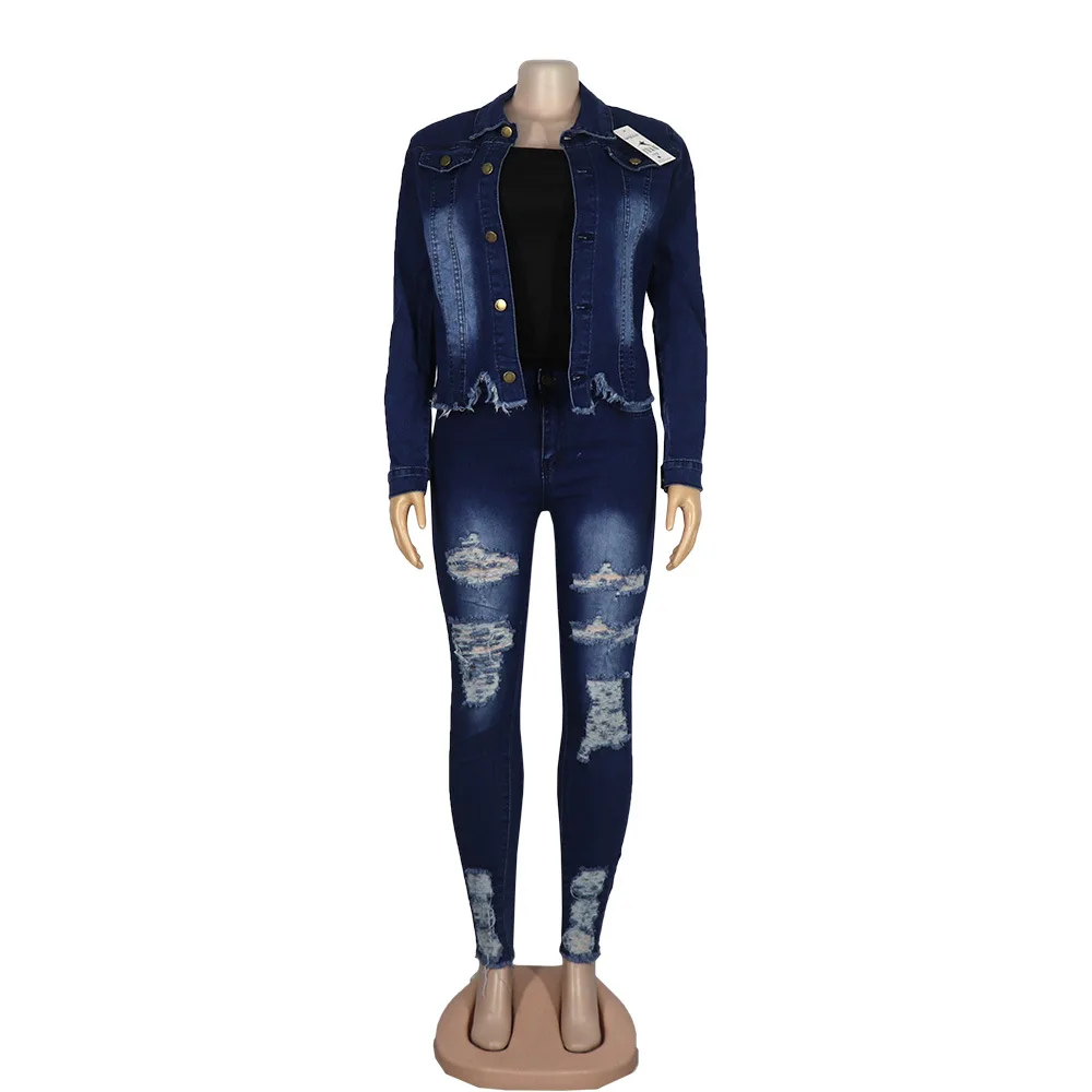 Джинсовый брючный костюм-карандаш с отложным воротником и длинным рукавом