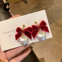 christmas wine red bow drop earring for women temperament pearl heart flocking bowknot christmas earring girls new year jewelry