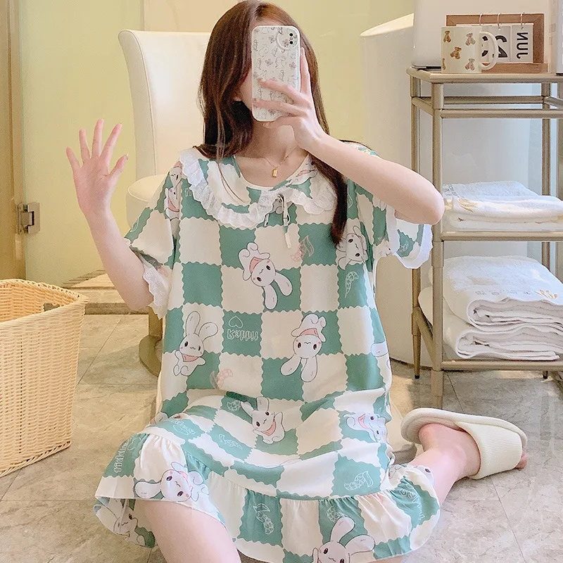 Women's Summer Pajama Dressing Gown Half Sleeve Leisure Ventilation Doll Collar 100% Viscose One Size Princess Girls Nightgown