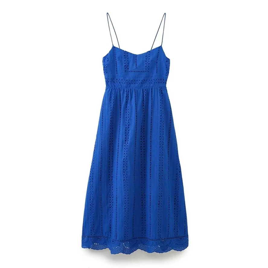 

Dave&Di French Dress Country Style Holiday Casual Cotton Suspender Embroidered Hollow Royal Blue Midi Dress Female